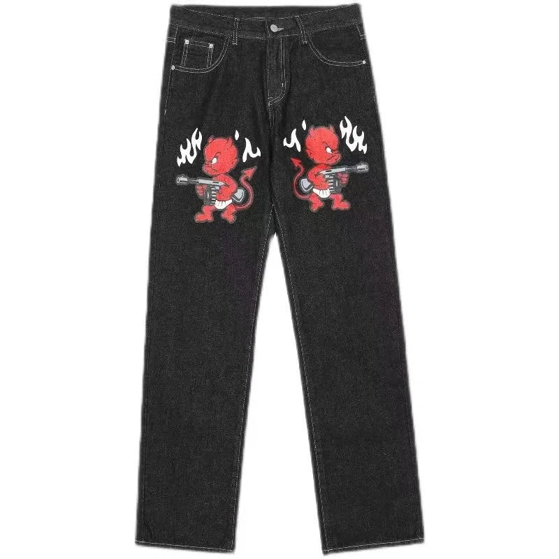 Derschutze-pantalones vaqueros con bordado de flores de cerezo para mujer, Vaqueros de pierna ancha rectos holgados Vintage Y2k, ropa de calle para hombre