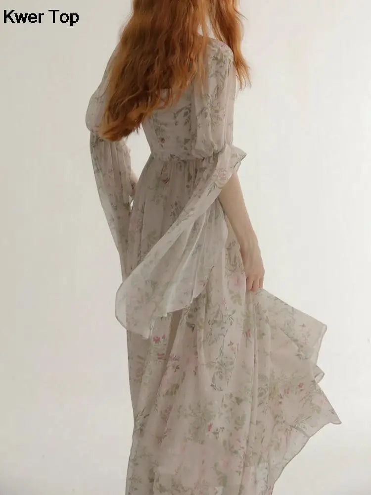 French Vintage Floral Midi Dress 2025 Summer New Elegant Casual Beach Evening Party One Piece Dresses Woman Korean Clothes
