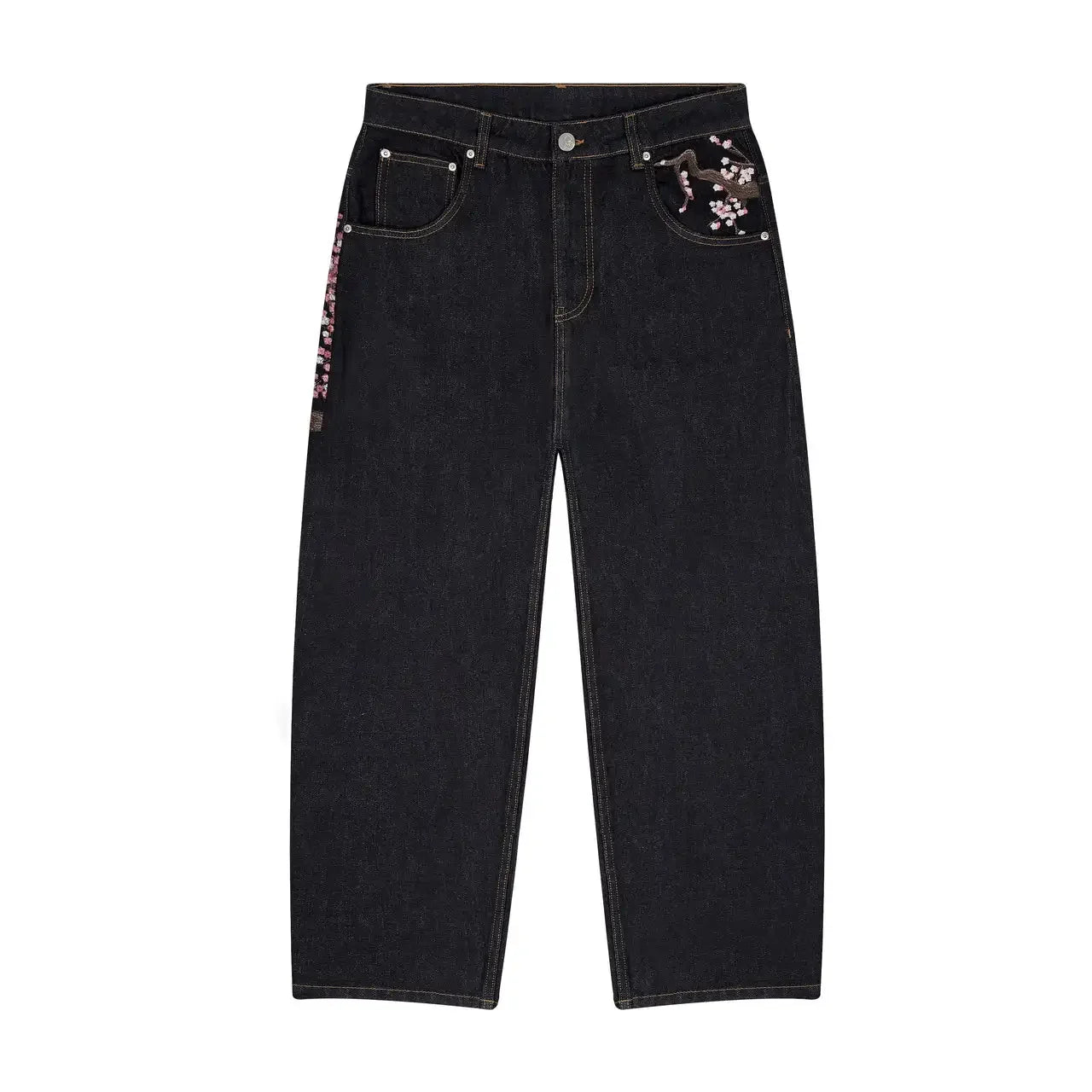 Derschutze-pantalones vaqueros con bordado de flores de cerezo para mujer, Vaqueros de pierna ancha rectos holgados Vintage Y2k, ropa de calle para hombre