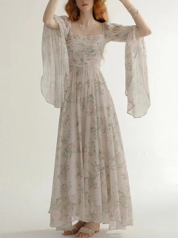 French Vintage Floral Midi Dress 2025 Summer New Elegant Casual Beach Evening Party One Piece Dresses Woman Korean Clothes