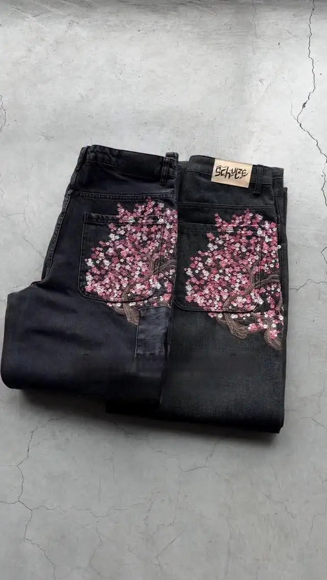 Derschutze-pantalones vaqueros con bordado de flores de cerezo para mujer, Vaqueros de pierna ancha rectos holgados Vintage Y2k, ropa de calle para hombre