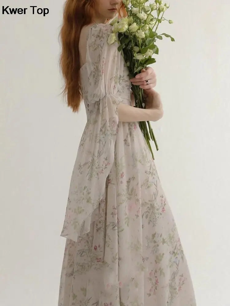 French Vintage Floral Midi Dress 2025 Summer New Elegant Casual Beach Evening Party One Piece Dresses Woman Korean Clothes