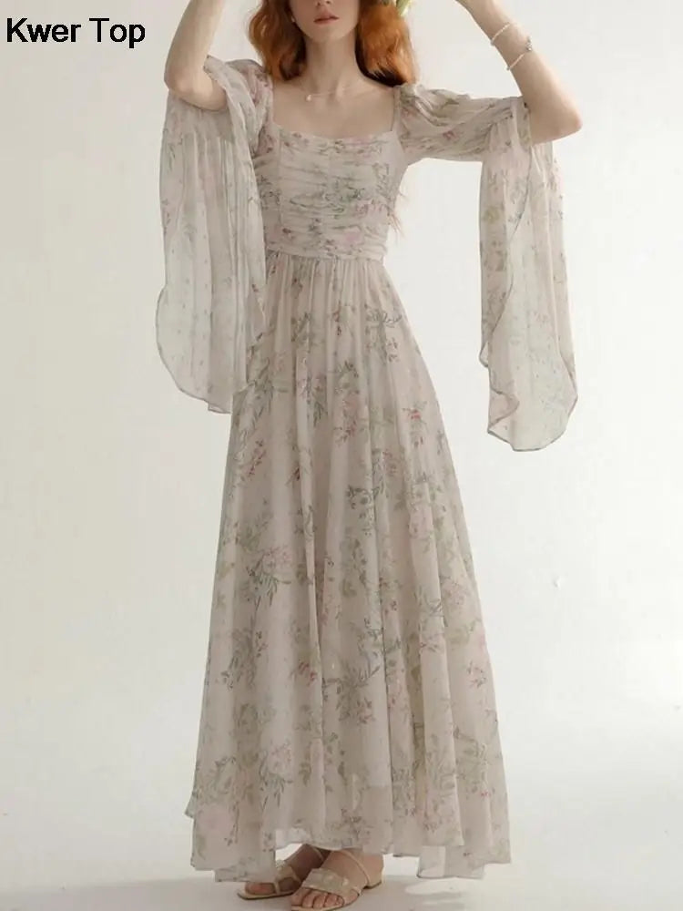 French Vintage Floral Midi Dress 2025 Summer New Elegant Casual Beach Evening Party One Piece Dresses Woman Korean Clothes