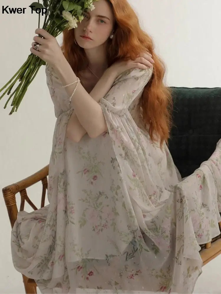 French Vintage Floral Midi Dress 2025 Summer New Elegant Casual Beach Evening Party One Piece Dresses Woman Korean Clothes