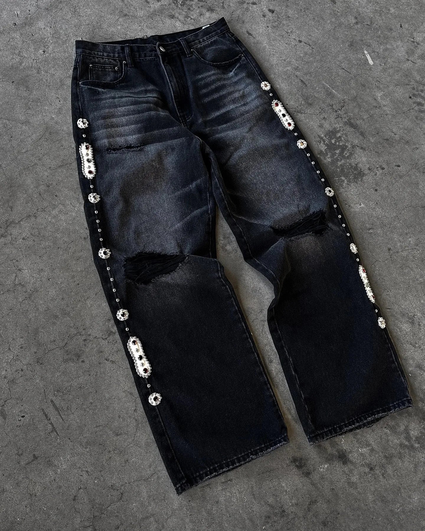 Derschutze-pantalones vaqueros con bordado de flores de cerezo para mujer, Vaqueros de pierna ancha rectos holgados Vintage Y2k, ropa de calle para hombre