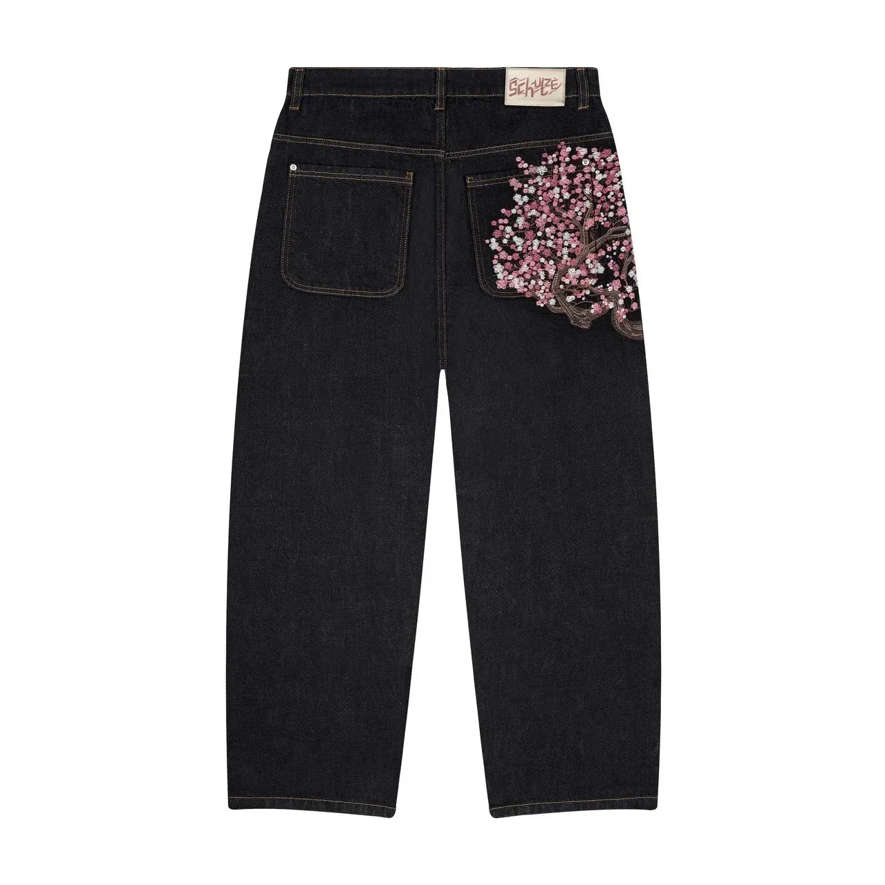 Derschutze-pantalones vaqueros con bordado de flores de cerezo para mujer, Vaqueros de pierna ancha rectos holgados Vintage Y2k, ropa de calle para hombre
