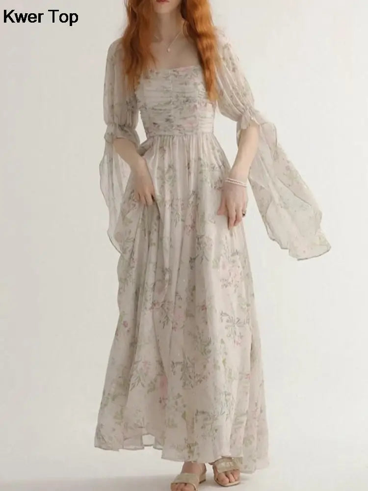 French Vintage Floral Midi Dress 2025 Summer New Elegant Casual Beach Evening Party One Piece Dresses Woman Korean Clothes