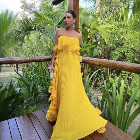 Vestido de vacaciones de verano para mujer, vestidos formales largos de gasa plisados naranjas, vestido de fiesta en la playa sin tirantes con volantes hecho a medida