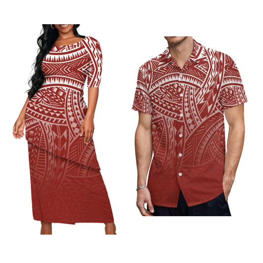 Samoan Tribal Print Summer Women's Double Suit Long Cress Puletasi Men's Hawaiian Shirt Custom Polynesian Couple Dress