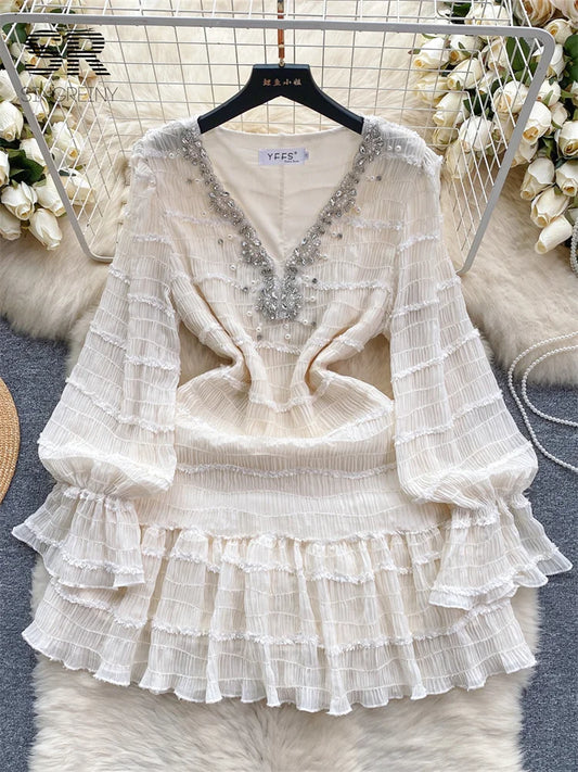 SINGREINY Beading Ruffles Luxurious Summer Dress Women Long Sleeve Slim V Neck Fashion 2024 Ladies Casual White Midi Dresses