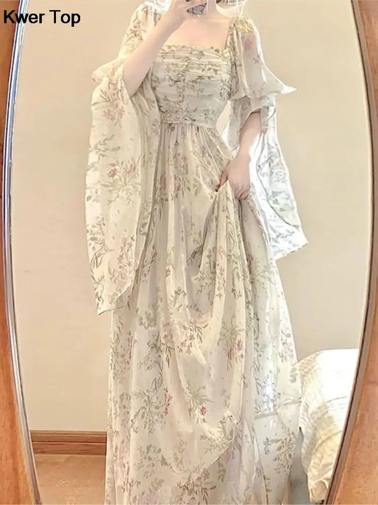 French Vintage Floral Midi Dress 2025 Summer New Elegant Casual Beach Evening Party One Piece Dresses Woman Korean Clothes