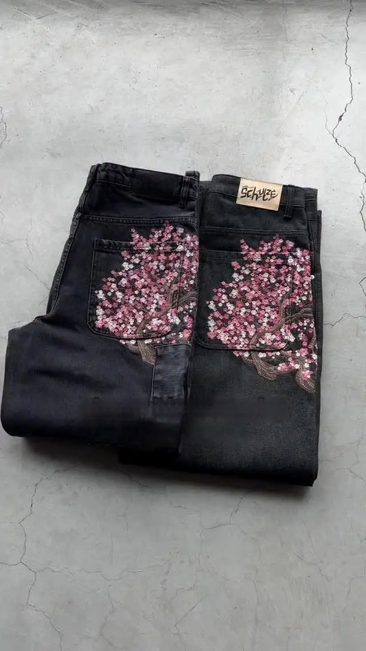 Derschutze-pantalones vaqueros con bordado de flores de cerezo para mujer, Vaqueros de pierna ancha rectos holgados Vintage Y2k, ropa de calle para hombre