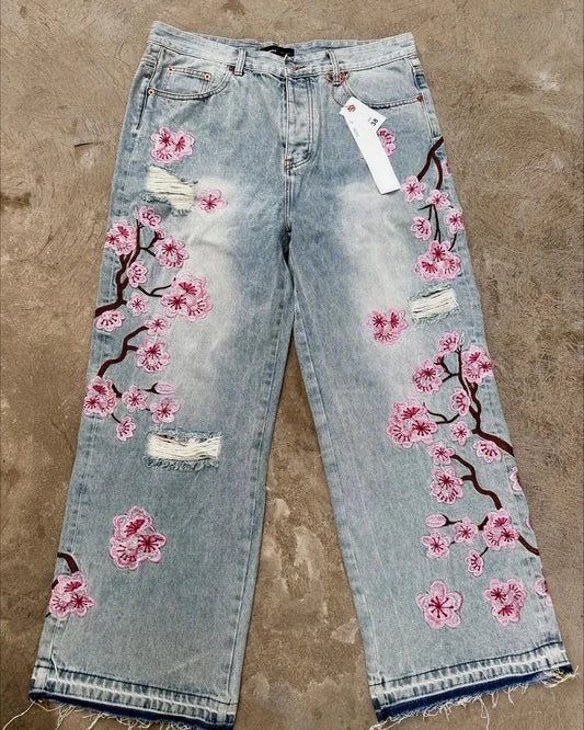 Vintage Sakura Jeans Y2K Clothes Men Women Harajuku Hiphop Sakura Embroidery Vintage Blue Baggy Jeans Low Waist Wide Leg Trouser