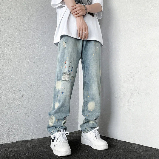 Men's Splashing ink Ripped Baggy Jeans 2024 New Hip Hop Fashion Graffiti Holed Straight-leg Denim Pants Y2k Streetwear Jean