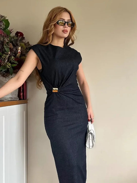 Vestidos plisados sin mangas de verano para mujer, Vestidos sexis ajustados con cuello redondo por debajo de la rodilla para mujer, vestido de moda con eslabones de anillo sólidos de calle 2025