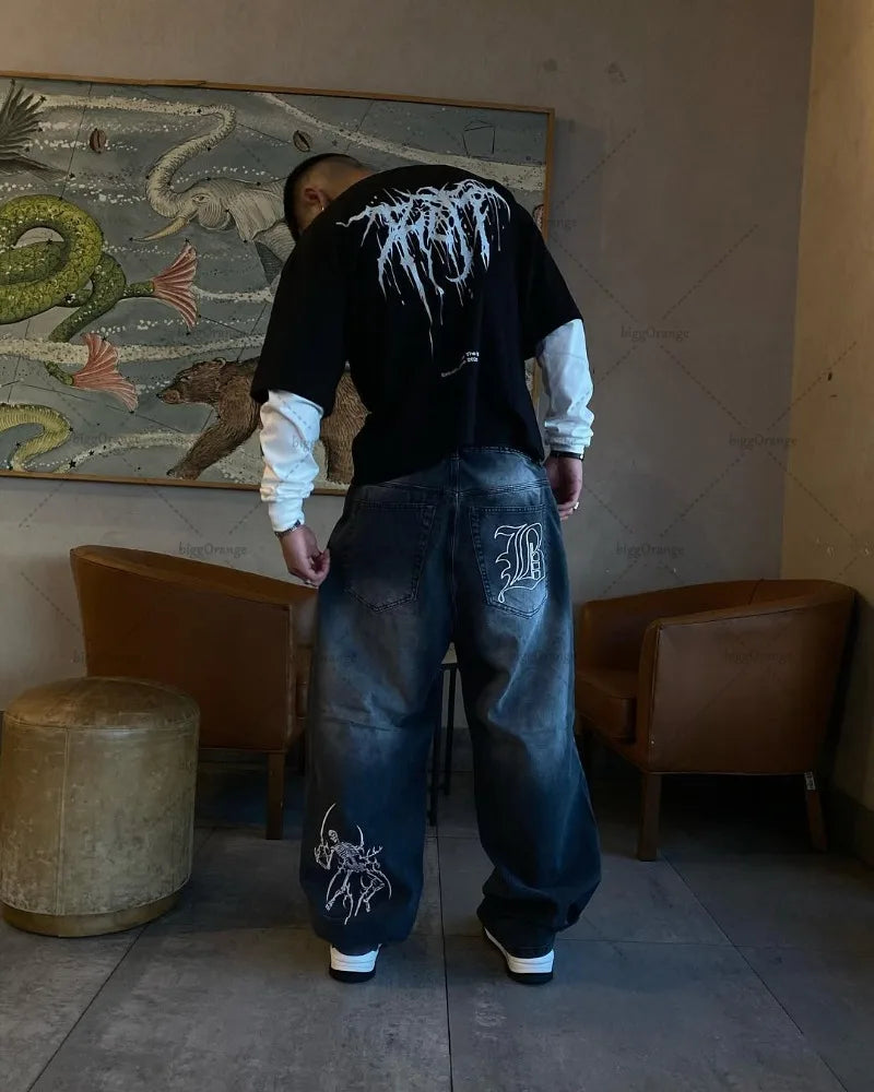 High Street Retro Harajuku Streetwear Trousers American Style Baggy Washed Jeans Men Gothic Punk Trendy Loose Casual Cargo Pants
